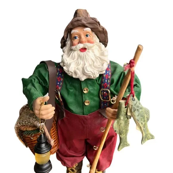 Fabric Mache Christmas Santa Claus Vacation 11" Figurine Holiday Cabincore Fish - Picture 10 of 14